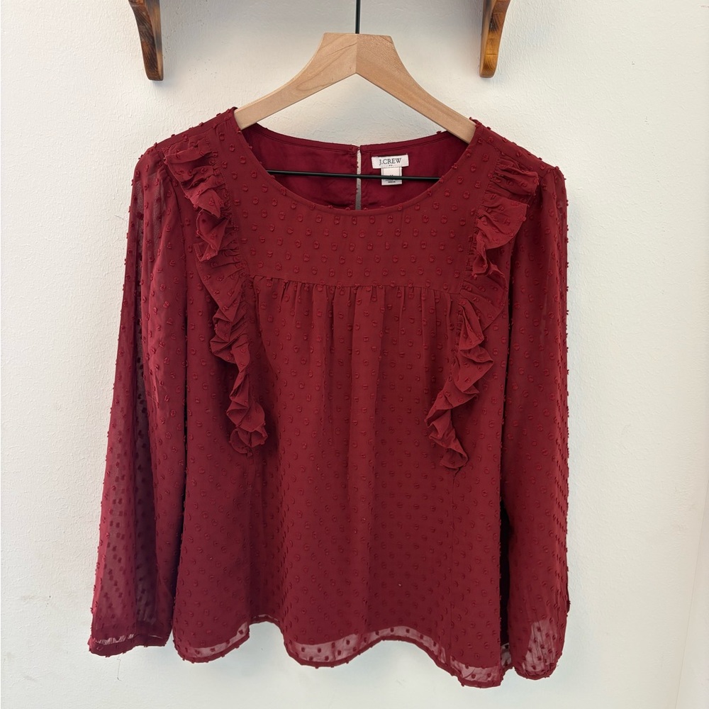 J.Crew Swiss Dot Ruffle Blouse Size 14 Burgundy Boho Romantic Sheer Top
